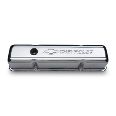 Engine Valve Covers; Stamped Steel; Tall; Chrome; w/ Bowtie Logo; Fits SB&nbsp;Chevy