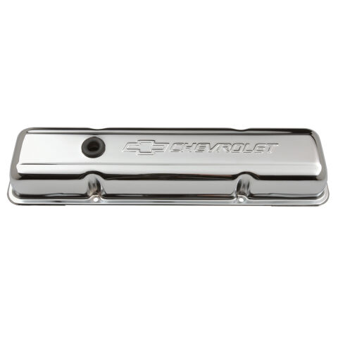 Engine Valve Covers; Stamped Steel; Short; Chrome; w/ Bowtie Logo; Fits SB&nbsp;Chevy