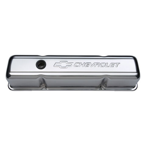 Engine Valve Covers; Stamped Steel; Tall; Chrome; w/ Bowtie Logo; Fits SB&nbsp;Chevy