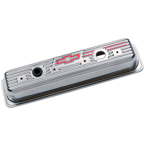 Engine Valve Covers; Center Bolt Style; Steel; Chrome w/Bowtie Logo; SB&nbsp;Chevy