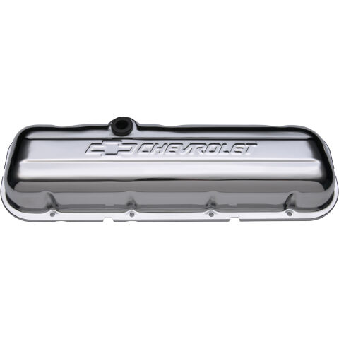 Engine Valve Covers; Stamped Steel; Short; Chrome; w/ Bowtie Logo; Fits BB&nbsp;Chevy