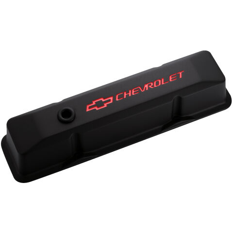 Engine Valve Covers; Tall Style; Die Cast; Black with Bowtie Logo; Fits SB&nbsp;Chevy