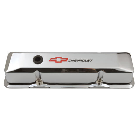 Engine Valve Covers; Tall Style; Die Cast; Chrome with Bowtie Logo; For SB&nbsp;Chevy