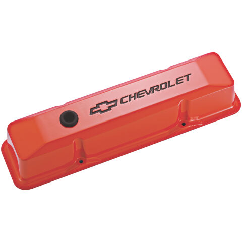 Engine Valve Covers; Tall Style; Die Cast; Orange w Blk Bowtie Logo; SB&nbsp;Chevy
