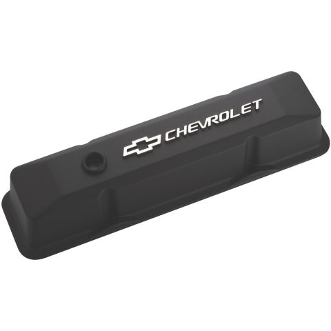 Engine Valve Covers; Tall Style; Die Cast; Black w Milled Bowtie Logo; SB&nbsp;Chevy