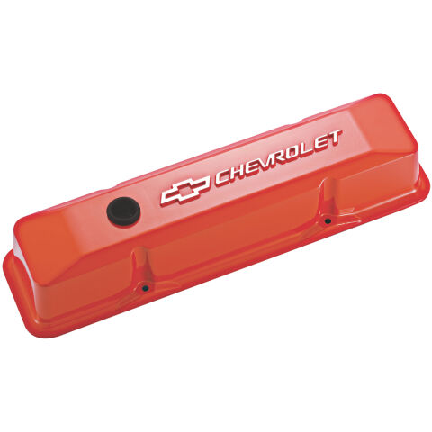 Engine Valve Covers; Tall Style; Die Cast; Orange w Milled Bowtie Logo; SB&nbsp;Chevy