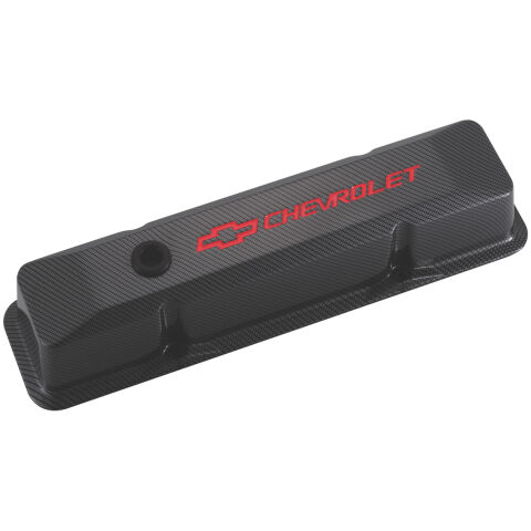 Engine Valve Covers; Tall Style; Die Cast; Carbon-Style w Red Bowtie Logo;&nbsp;SBC