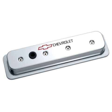 Engine Valve Covers; Center Bolt Style; Die Cast; Polish w/Bowtie Logo; SB&nbsp;Chevy