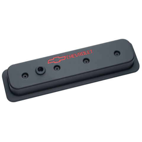 Engine Valve Covers; Center Bolt Style; Die Cast; Black w/ Bowtie Logo; SB&nbsp;Chevy