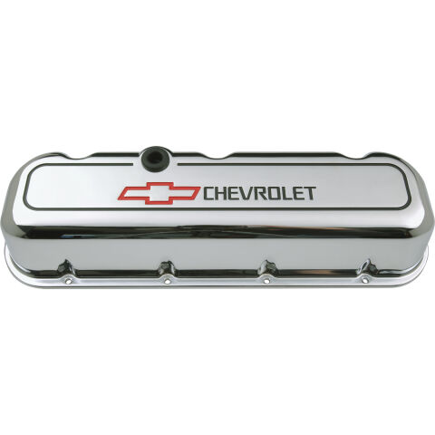 Engine Valve Covers; Tall Style; Die Cast; Chrome with Bowtie Logo; BB&nbsp;Chevy