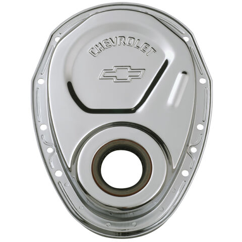 Timing Chain Cover; Chrome; Steel; With Chevy and Bowtie Logo; SB Chevy&nbsp;69-91