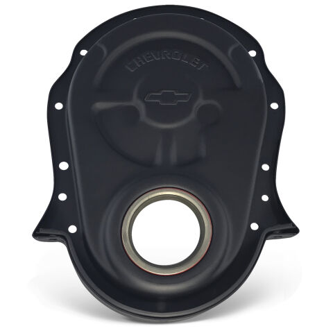 Engine Timing Chain Cover; Black Crinkle; Steel; Chevy/Bowtie Logo; BB&nbsp;Chevy