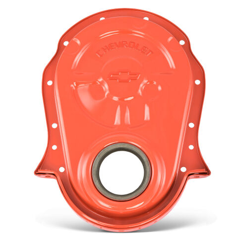 Engine Timing Chain Cover; Chevy Orange; Steel; Embossed Bowtie Logo; BB&nbsp;Chevy