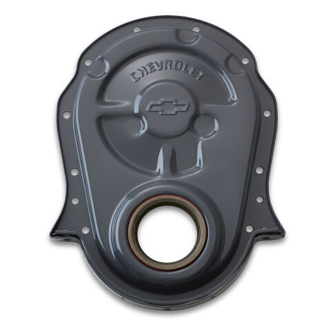 Engine Timing Chain Cover; Shark Gray; Bowtie Emblem; Steel; Fits BB&nbsp;Chevy