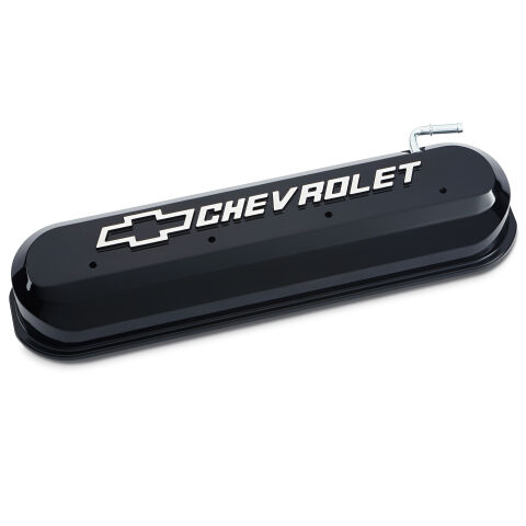 Engine Valve Covers; Slant-Edge Style w/Bowtie Logo; Fits GM LS; Liquid Black