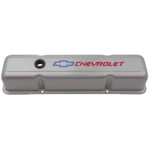 Engine Valve Covers; Tall Style; Steel; Gray with Bowtie Logo; For SB&nbsp;Chevy