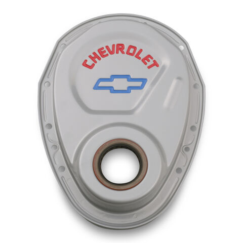 Timing Chain Cover; Gray; Steel; With Chevy and Bowtie Logo; For SB Chevy&nbsp;69-91