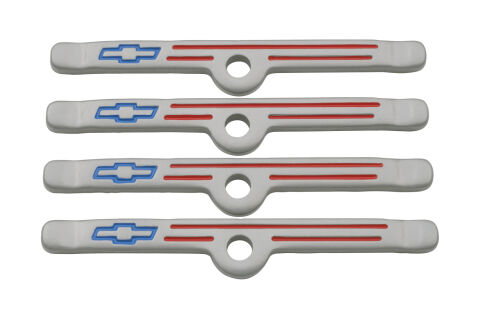 Engine Valve Cover Holdown Clamps; Gray with Blue Bowtie Logo; SB Chevy; 4&nbsp;Pcs