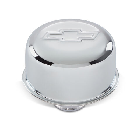 Engine Valve Cover Breather; 3 In Dia; Chevy Logo; Push-In Style;&nbsp;Chrome