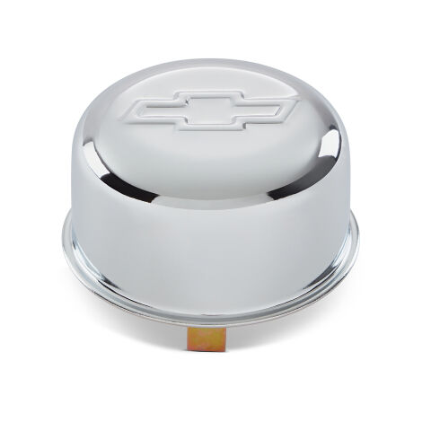Engine Oil Breather Cap; Push-On Style; 1.82 Hole; Embossed Bowtie Logo;&nbsp;Chrome