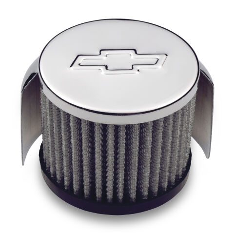 Engine Valve Cover Breather; 3 In Dia; Chevy Logo; Push-In Style w/Hood;&nbsp;Chrome