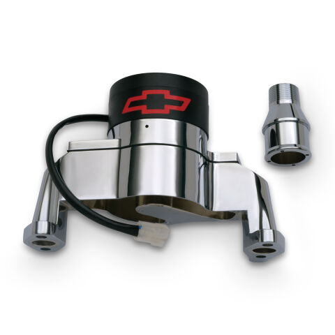 Electric Engine Water Pump; Aluminum; Chrome with Bowtie Logo; Fits SB Chevy