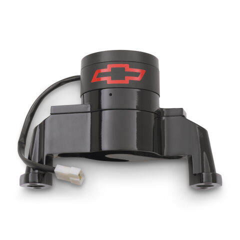Electric Engine Water Pump; Aluminum; Black with Bowtie Logo; Fits SB Chevy