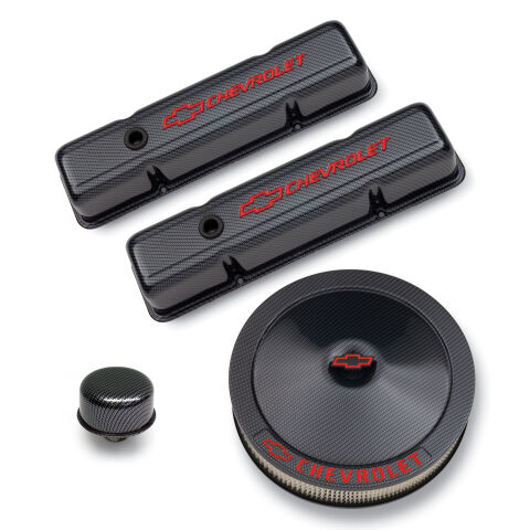 Engine Dress-Up Kit; Black Carbon Finish; Red Bowtie; Red Letters; For SB&nbsp;Chevy