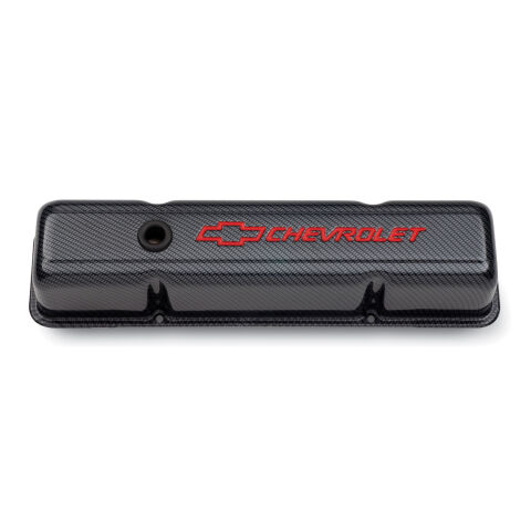 Engine Valve Covers; Stamped Steel; Tall; Carbon w/ Bowtie Logo; Fits SB&nbsp;Chevy