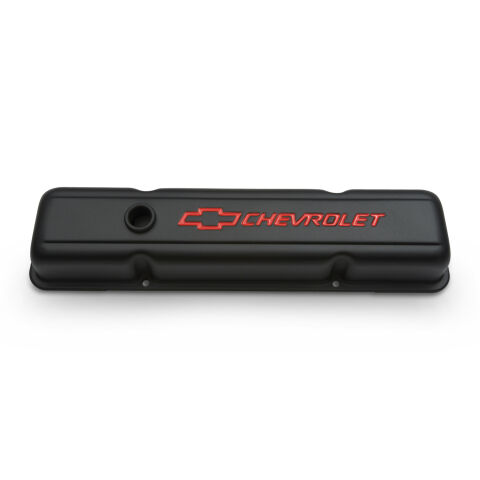 Engine Valve Covers; Stamped Steel; Short; Black; w/ Bowtie Logo; Fits SB&nbsp;Chevy