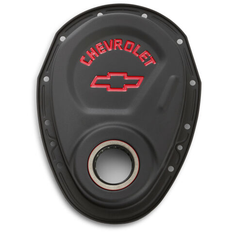 Timing Chain Cover; Black; Steel; With Chevy and Bowtie Logo; For SB Chevy&nbsp;69-91
