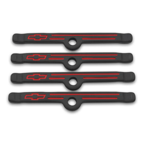 Engine Valve Cover Holdown Clamps; Black Crinkle w/Bowtie Logo; SB Chevy; 4&nbsp;Pcs