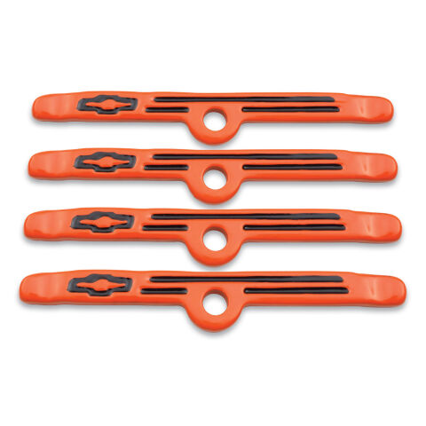 Engine Valve Cover Holdown Clamps; Orange with Black Bowtie Logo; SB Chevy; 4&nbsp;Pc