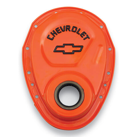 Timing Chain Cover; Orange; Steel; With Chevy Bowtie Logo; SB Chevy&nbsp;69-91