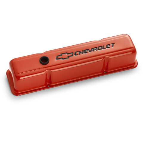 Engine Valve Covers; Stamped Steel; Tall; Orange w/ Bowtie Logo; Fits SB&nbsp;Chevy