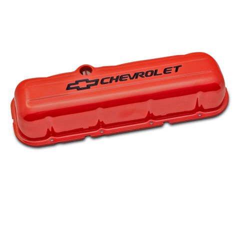 Engine Valve Covers; Stamped Steel; Tall; Orange; w/ Bowtie Logo; Fits BB&nbsp;Chevy