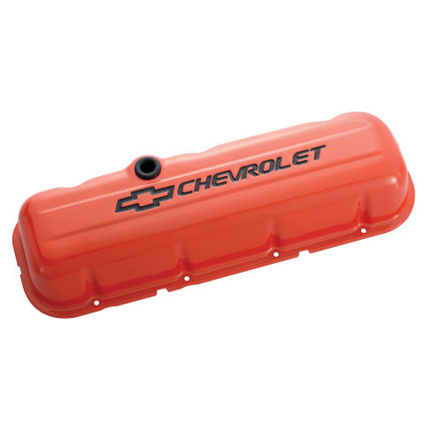 Engine Valve Covers; Stamped Steel; Short; Orange; w/ Bowtie Logo; Fits BB&nbsp;Chevy