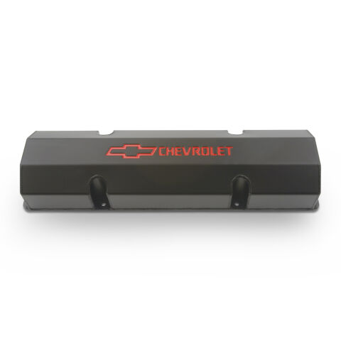 Engine Valve Covers; Fabricated Aluminum; Black with Bowtie Logo; Fits SB&nbsp;Chevy