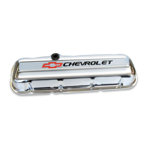 Engine Valve Covers; Stamped Steel; Short; Chrome; w/ Bowtie Logo; Fits BB&nbsp;Chevy
