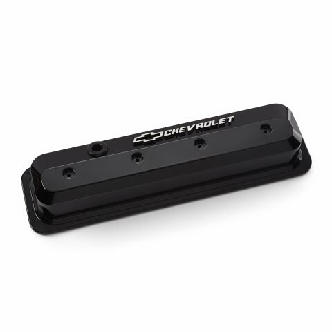 Valve Covers; SBC Gen 2; Tall; Alum; Raised Bowtie Emblems; Liquid&nbsp;Black