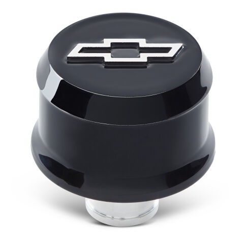 Slant-Edge Aluminum Breather Cap; Raised Bowtie Emblem; Push-In; Liquid&nbsp;Black