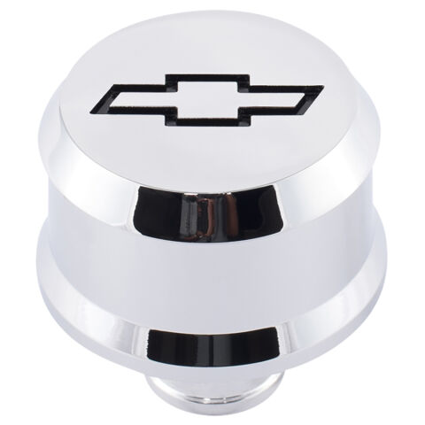 Slant-Edge Aluminum Breather Cap; Recessed Black Bowtie Emblem; Push-In; Chrome