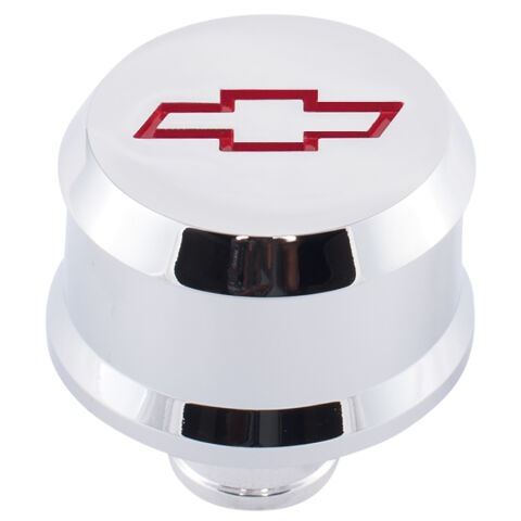 Slant-Edge Aluminum Breather Cap; Recessed Red Bowtie Emblem; Push-In; Chrome