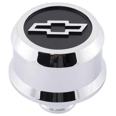 Slant-Edge Aluminum Breather Cap; Blackfield Bowtie Emblem; Push-In; Chrome