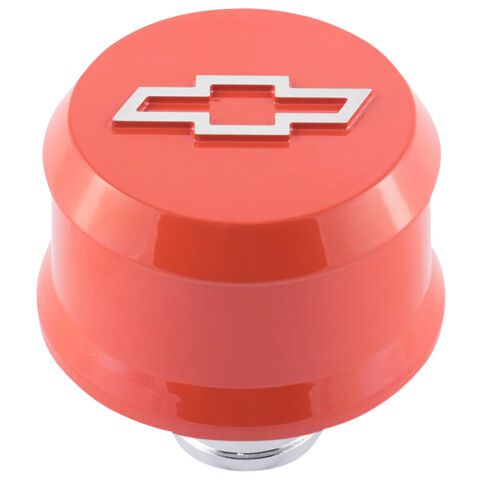 Slant-Edge Aluminum Breather Cap; Raised Bowtie Emblem; Push-In; Chevy Orange