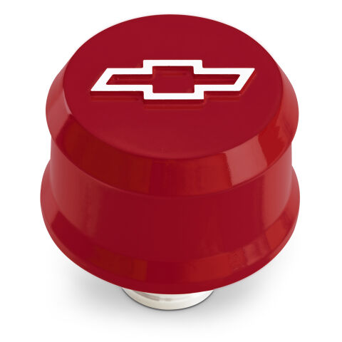 Slant-Edge Aluminum Breather Cap; Raised Bowtie Emblem; Push-In; Red