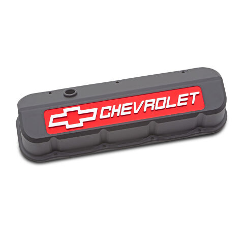 Engine Valve Covers; Tall; Die-Cast; BB Chevy; Blk Crinkle w/Redfield Chevy&nbsp;Logo