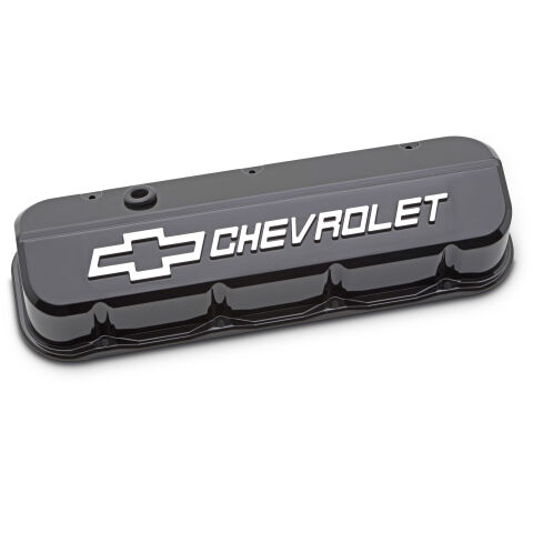 Engine Valve Covers; Tall; Die-Cast; BB Chevy; Liquid Black w/ Raised Chevy&nbsp;Logo