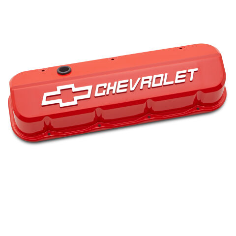Engine Valve Covers; Tall; Die-Cast; BB Chevy; Chevy Orange w/ Raised Chevy&nbsp;Logo