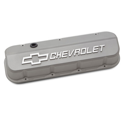 Engine Valve Covers; Tall; Die-Cast; BB Chevy; Cast Gray with Raised Chevy&nbsp;Logo